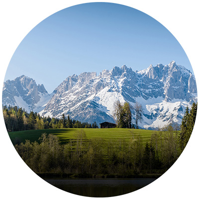 Paesaggio dipinto con un prato verde, alberi e montagne sullo sfondo